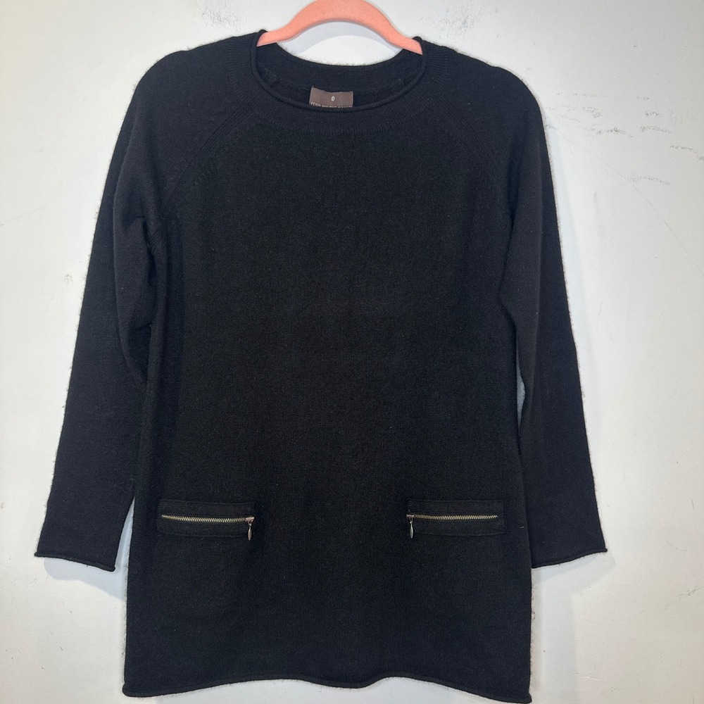 Academia Minimalist Black 100% Cashmere‎ Tunic Sweater Zipper Pockets Medium